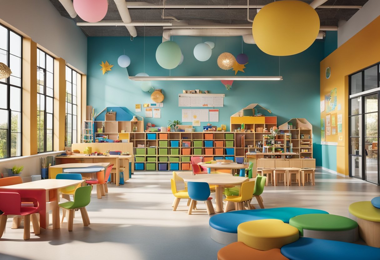 Bright, open preschool interior with colorful, flexible furniture and learning stations. Natural light floods in through large windows, illuminating the vibrant, engaging space