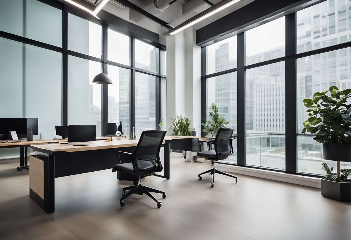 A modern office space with sleek furniture, clean lines, and a minimalist color palette. Large windows let in natural light, creating a bright and airy atmosphere