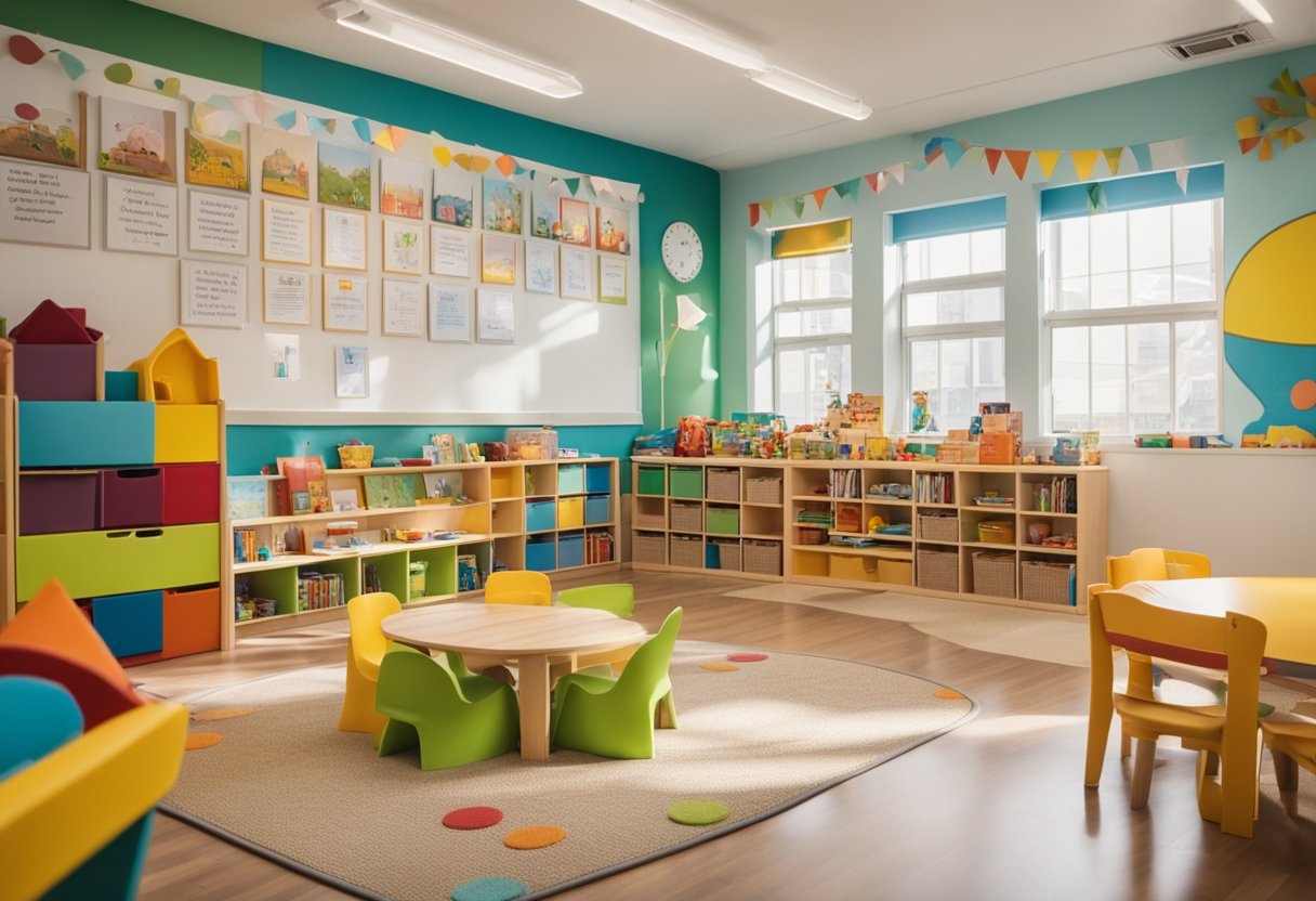 A colorful and inviting preschool classroom with child-sized furniture, educational posters on the walls, and a cozy reading corner with soft cushions and shelves filled with books