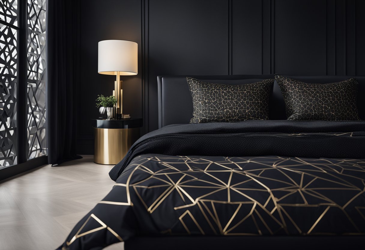 A sleek black bed with geometric patterns, surrounded by minimalist black furniture and accented with metallic details