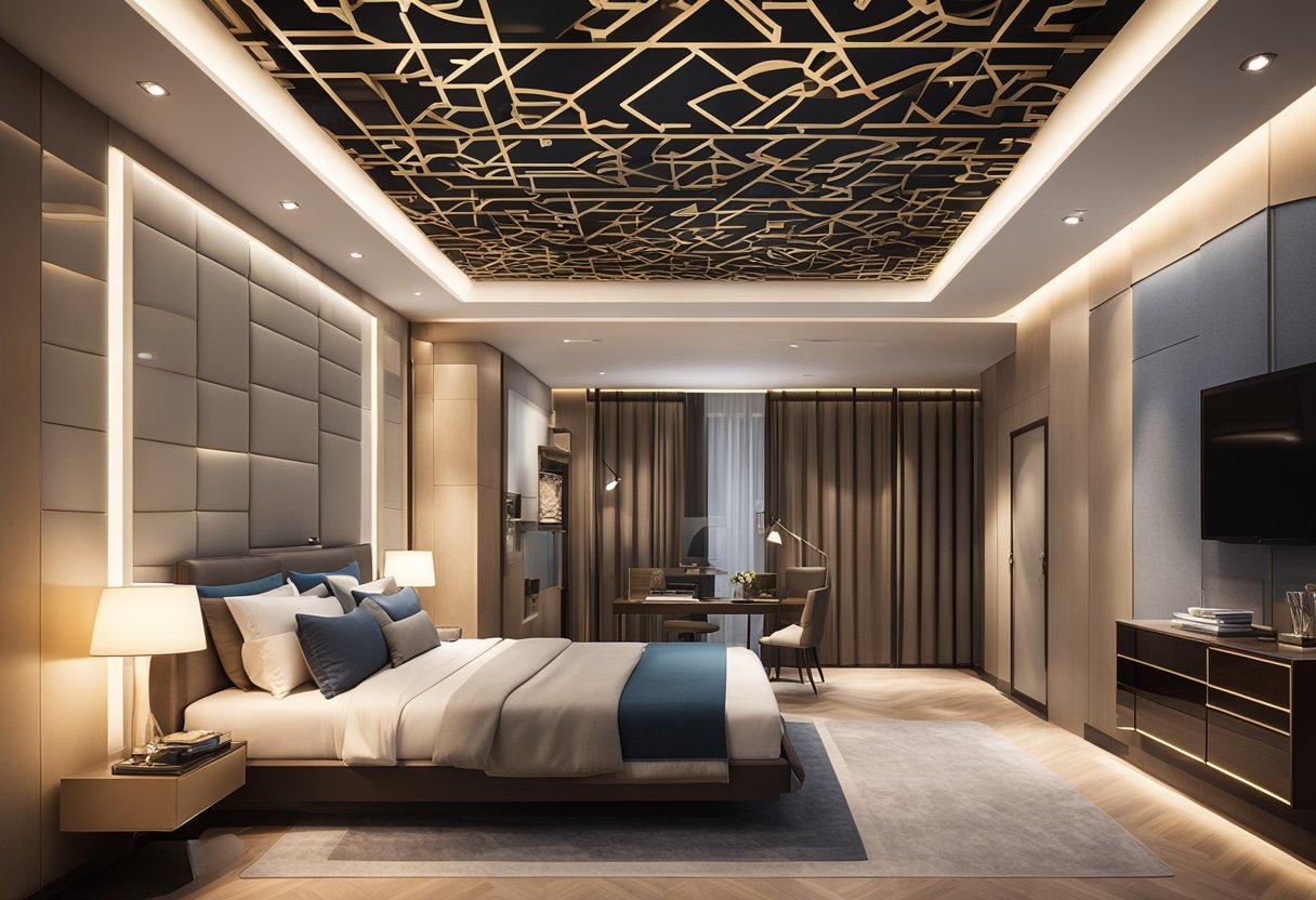 A bedroom with a modern false ceiling design, featuring recessed lighting and geometric patterns