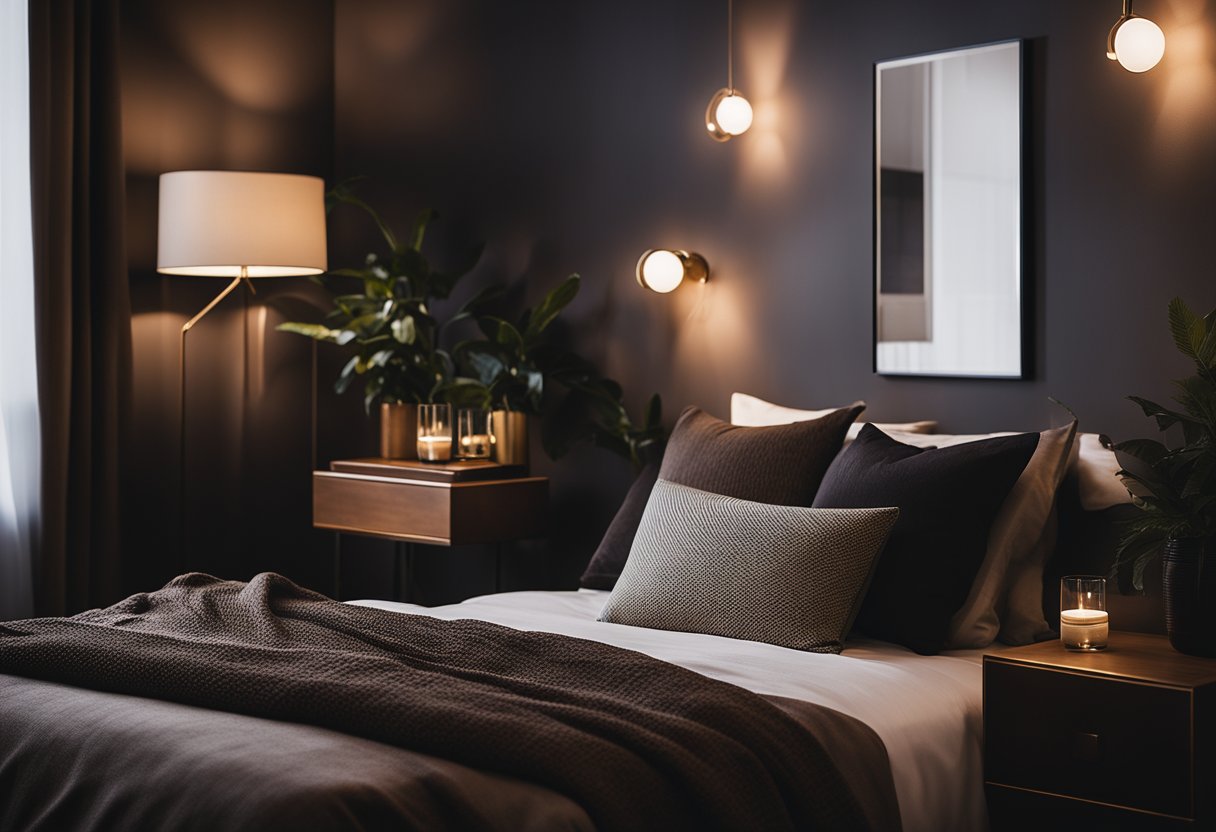 A dimly lit bedroom with deep, rich colors and minimal furniture. The room is cozy and inviting, with soft lighting and textured fabrics