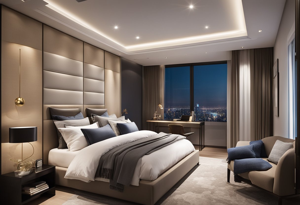 A bedroom with a modern false ceiling, featuring sleek materials and clean lines. Lighting fixtures are integrated seamlessly into the design, creating a contemporary and stylish atmosphere
