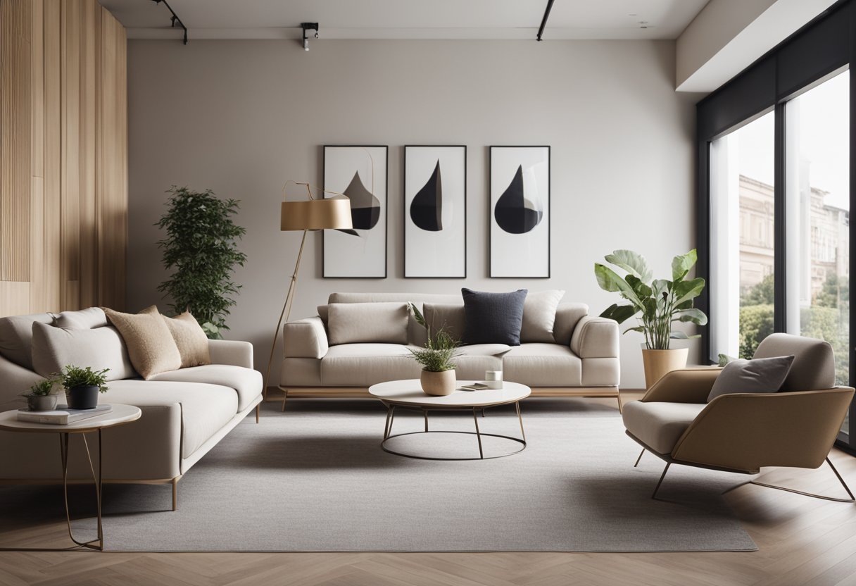 A modern living room with sleek furniture, neutral color palette, and natural lighting. Clean lines and minimalistic decor showcase the expertise in interior design