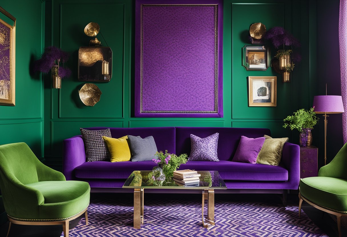 The room has purple walls and green furniture, with a mix of patterns and textures creating a vibrant and eclectic interior design