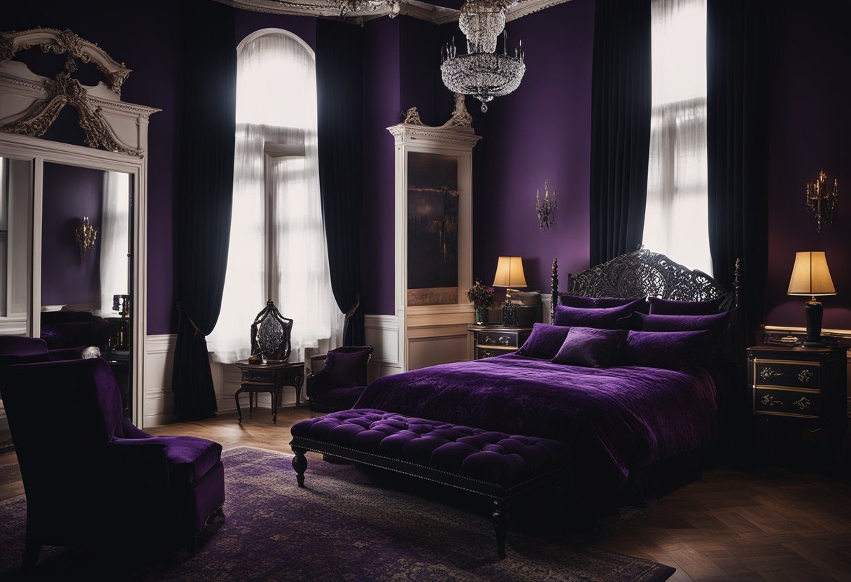 A dimly lit bedroom with deep purple walls, black curtains, and a gothic chandelier casting eerie shadows. Rich velvet bedding and antique furniture complete the moody atmosphere