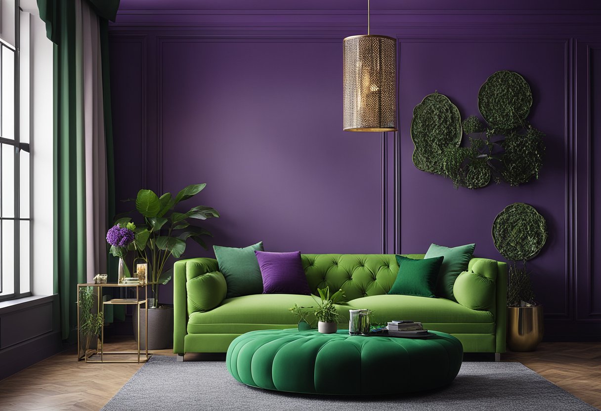 A room with purple walls, green furniture, and accents. Complementary color scheme creates a vibrant and harmonious interior design
