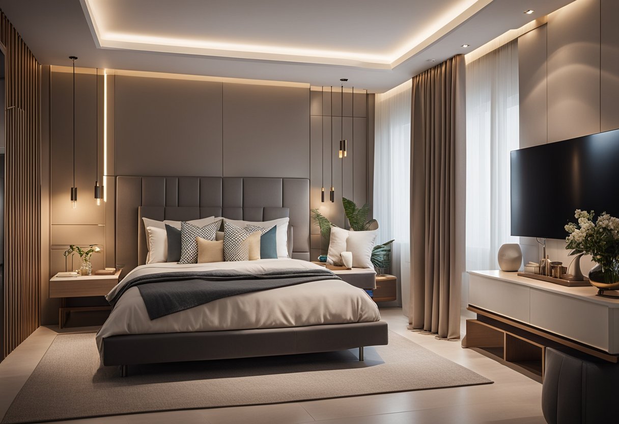 A modern bedroom with a sleek false ceiling design, incorporating indirect lighting, geometric patterns, and minimalist details