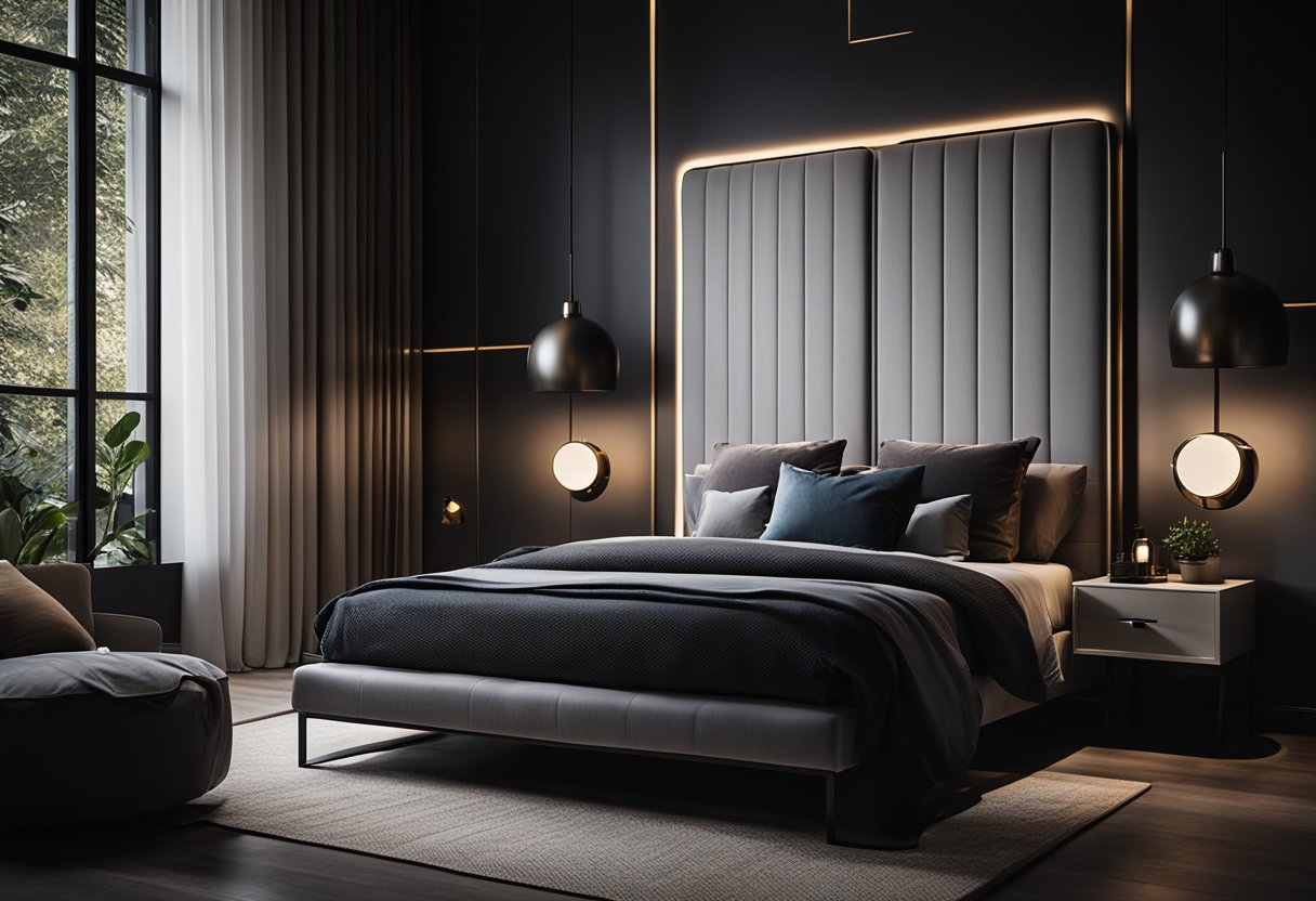 A dark bedroom with modern furniture and minimalistic decor, featuring bold accent pieces and ambient lighting to create a cozy, sophisticated atmosphere