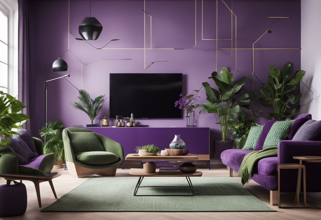 A modern living room with purple and green color scheme, featuring sleek furniture, geometric patterns, and natural elements like plants and wooden accents