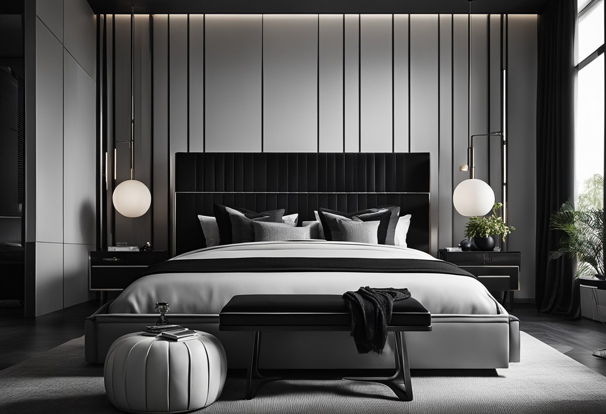 A sleek black bedroom with modern decor and minimalist accessories. Clean lines and monochrome color scheme create a sophisticated and stylish atmosphere