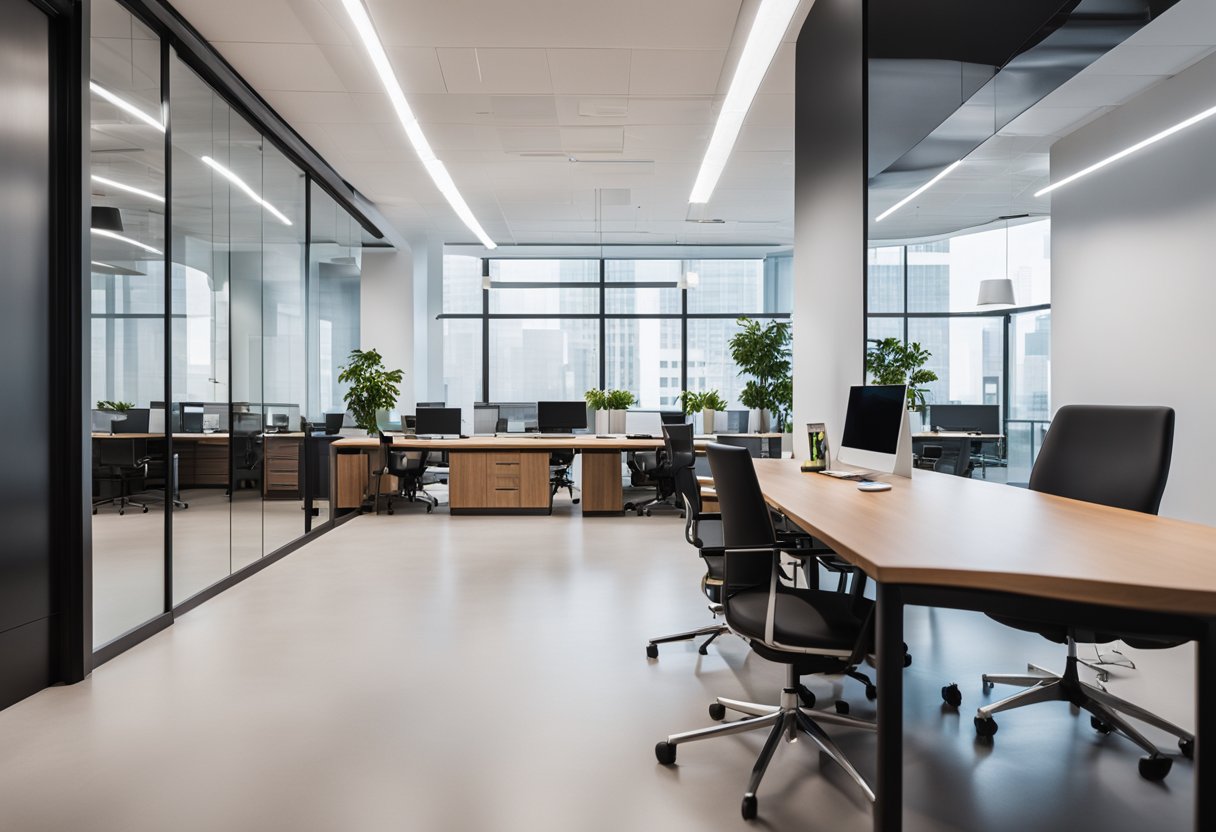 A sleek, modern office space with clean lines, minimalist furniture, and pops of vibrant color. A mix of natural and artificial lighting creates a warm and inviting atmosphere