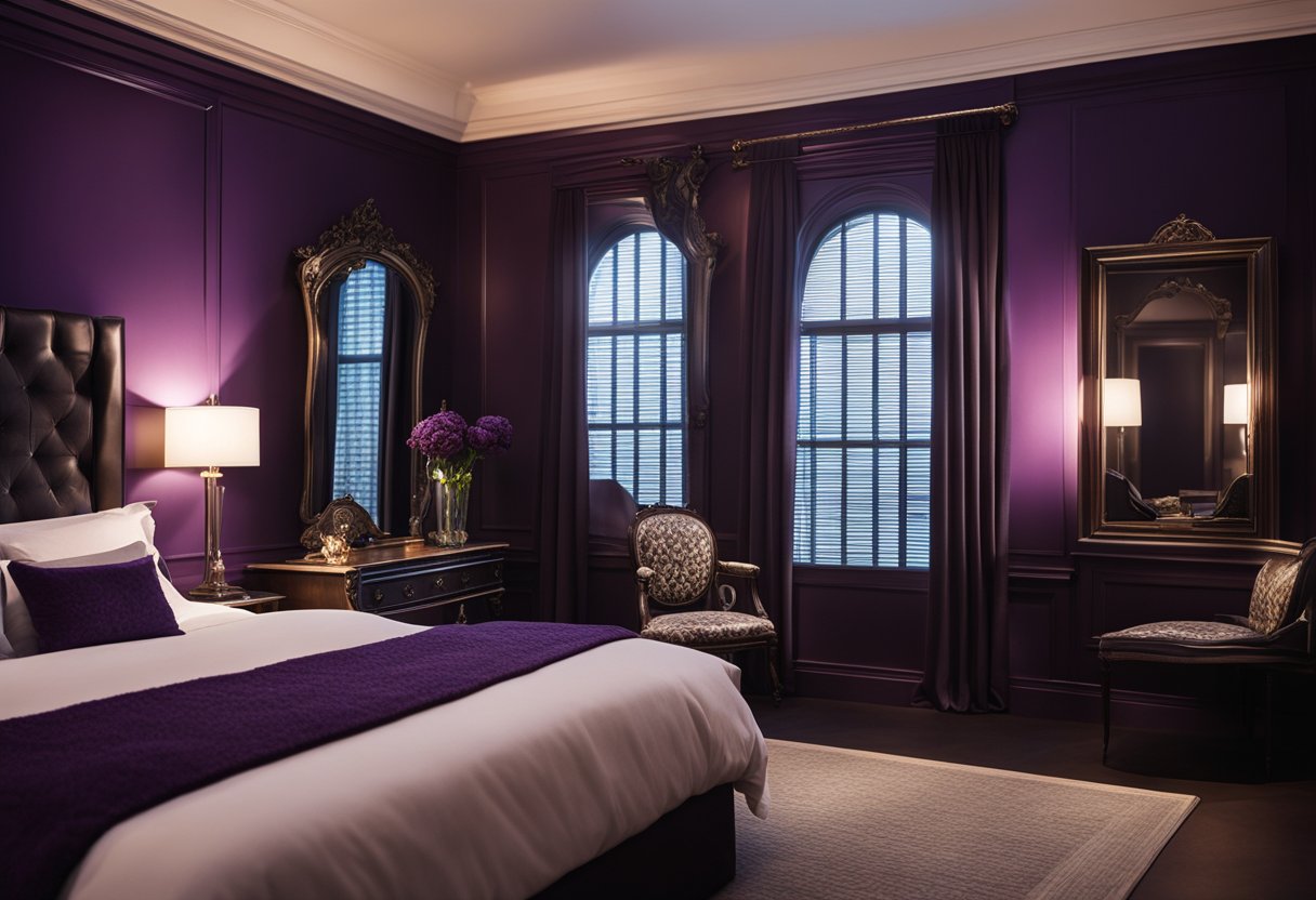 A dimly lit bedroom with deep purple walls and minimal furniture. A large, ornate mirror reflects the low light, casting eerie shadows