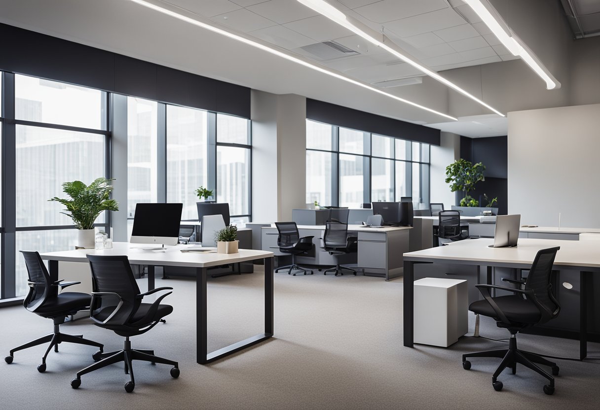 A modern, sleek office space with clean lines and minimalist furniture. The color scheme is neutral with pops of vibrant accents. The overall atmosphere is professional and inviting