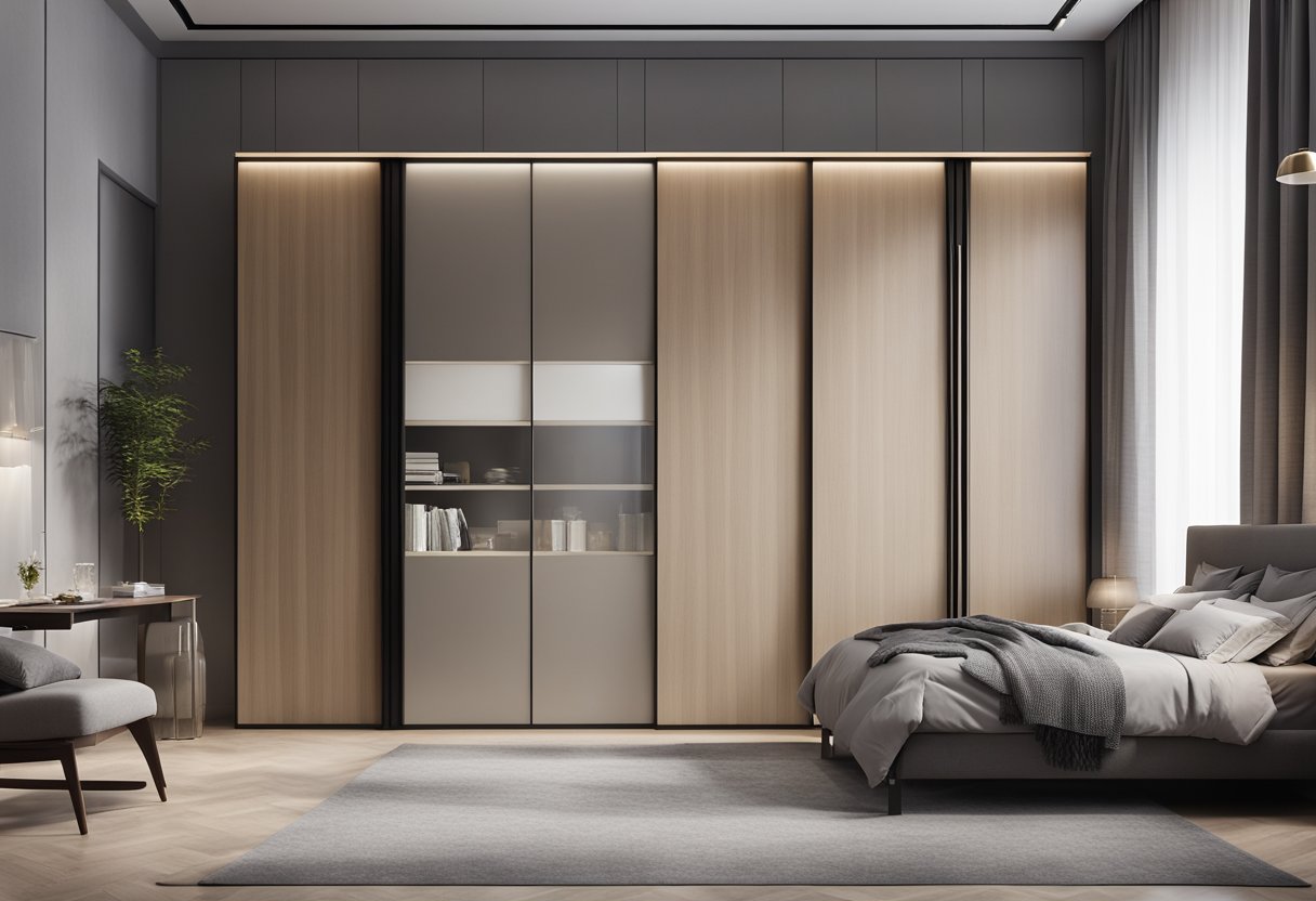 A spacious bedroom with a sleek, modern sliding cupboard design. The cupboard doors are smooth and seamless, with a minimalist and elegant aesthetic