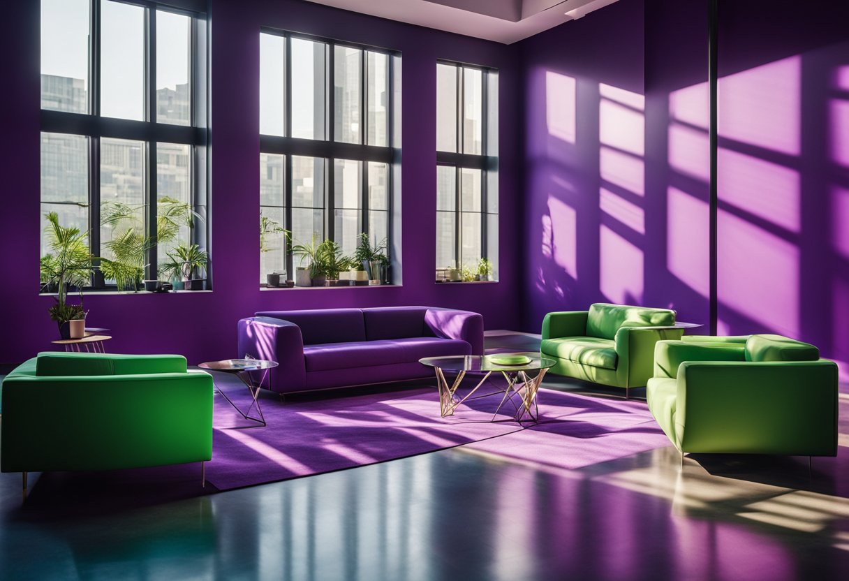 A room with vibrant purple and green decor, featuring modern furniture and geometric patterns. Light streams in through large windows, casting colorful shadows across the floor