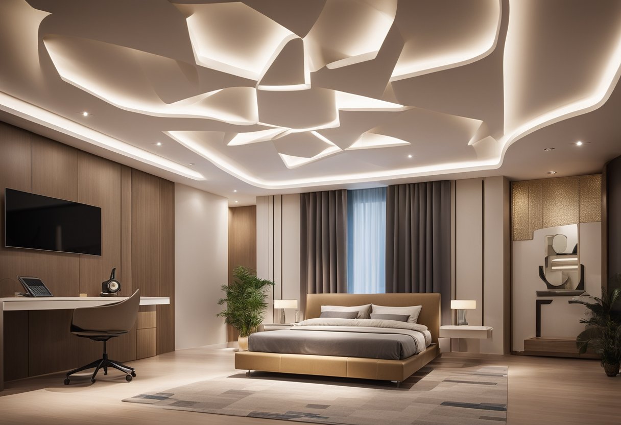 A bedroom with a modern false ceiling design, featuring clean lines, recessed lighting, and geometric patterns