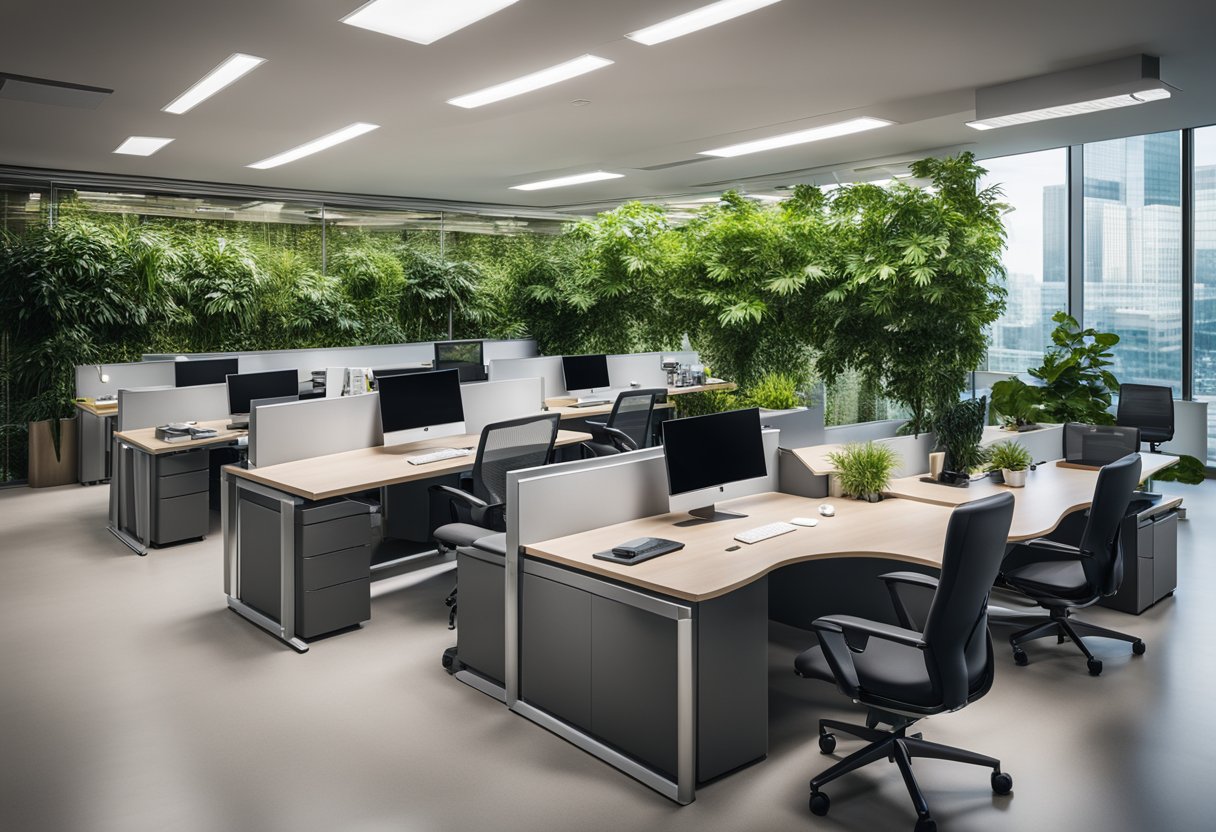 A spacious, well-lit office with sleek, ergonomic furniture, vibrant greenery, and modern technology seamlessly integrated into the design