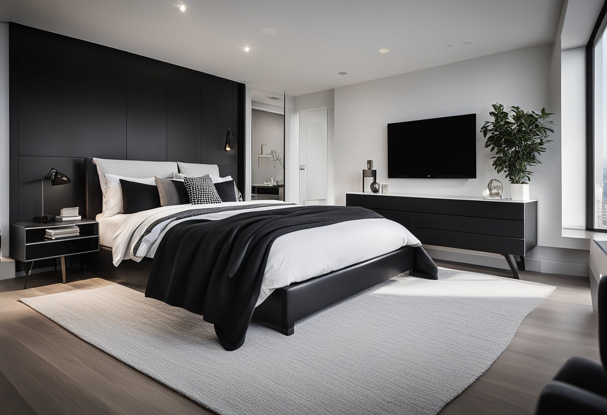 A sleek black and white modern bedroom with clean lines, minimalistic furniture, and a pop of color in the form of a vibrant accent piece