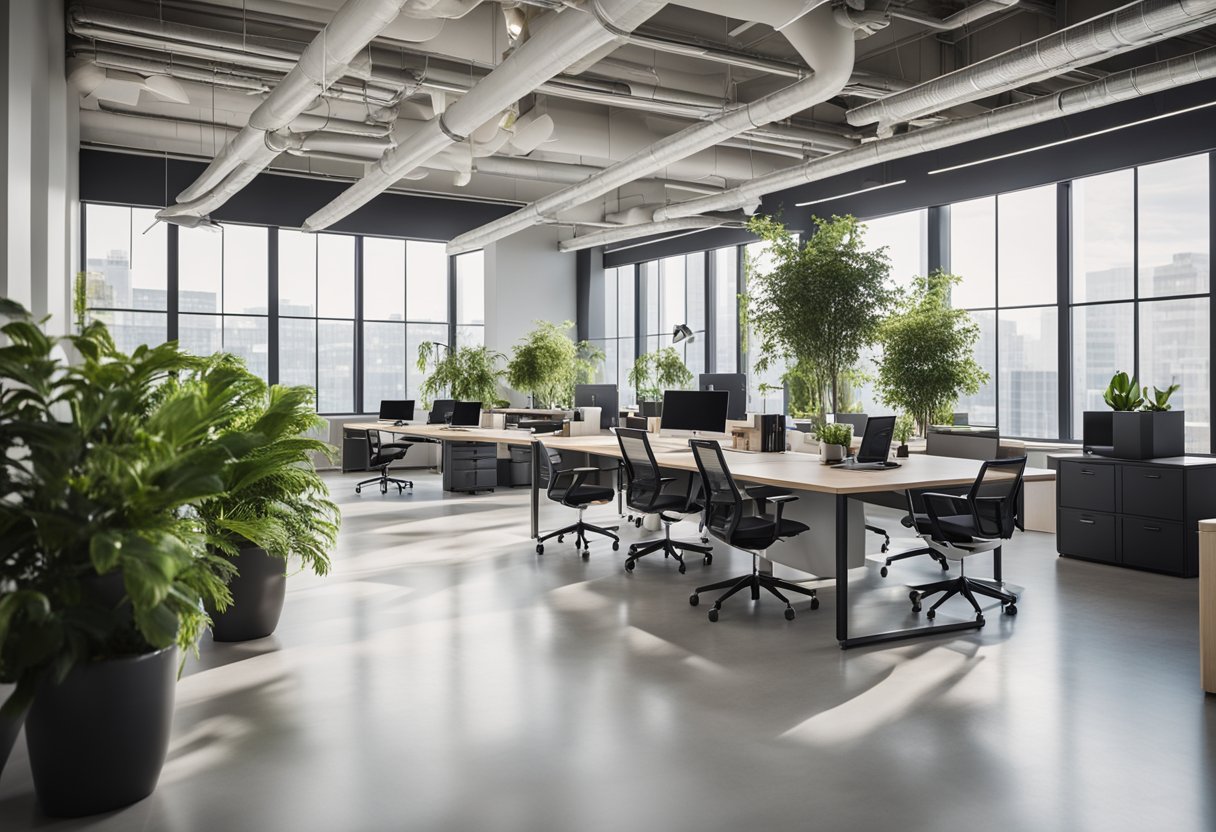 A modern office space with sleek furniture, neutral color palette, and collaborative work areas. Large windows let in natural light, and plants add a touch of greenery
