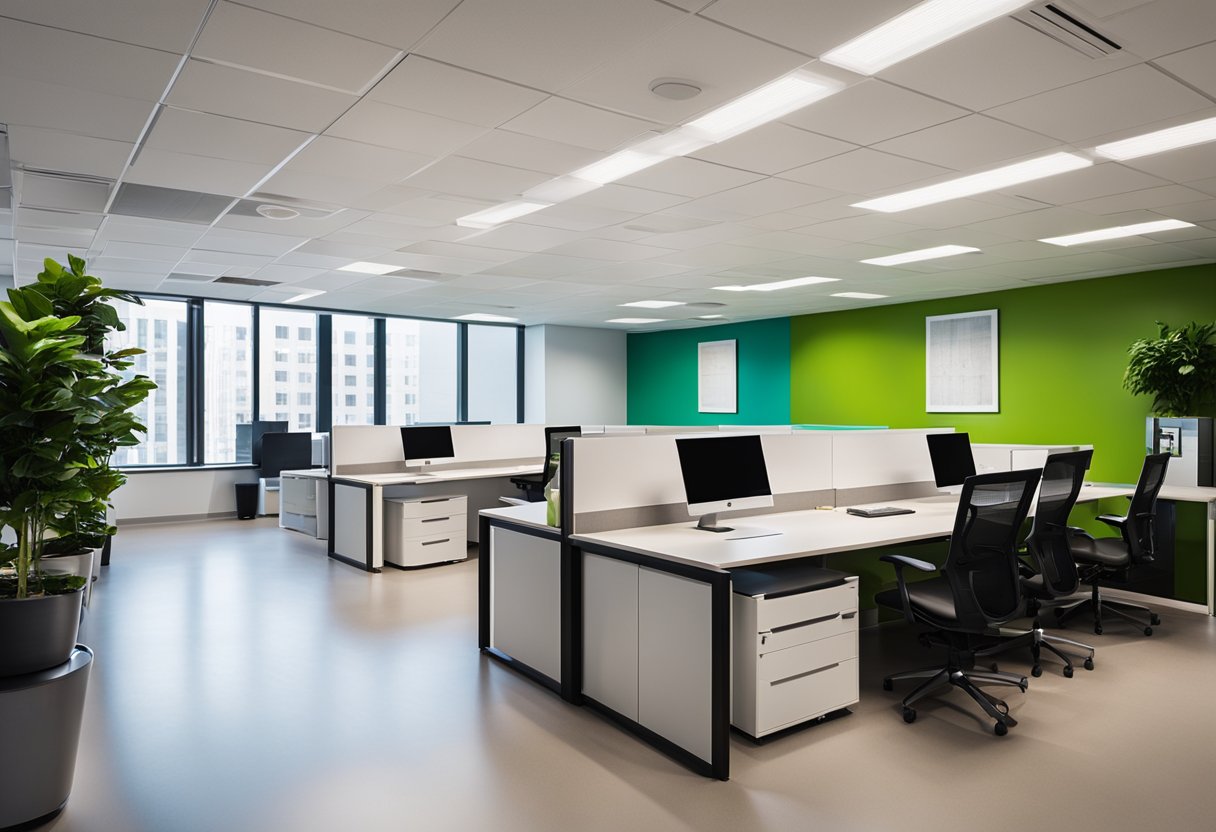 A sleek, modern office space with clean lines, vibrant pops of color, and innovative furniture layout. The space exudes professionalism and creativity, with a focus on functionality and comfort