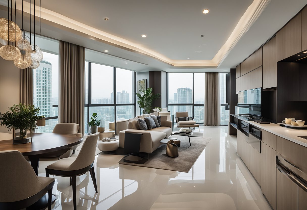 The DMCI condo interior features modern furnishings and a neutral color palette. Large windows allow natural light to fill the space, highlighting the sleek and minimalist design