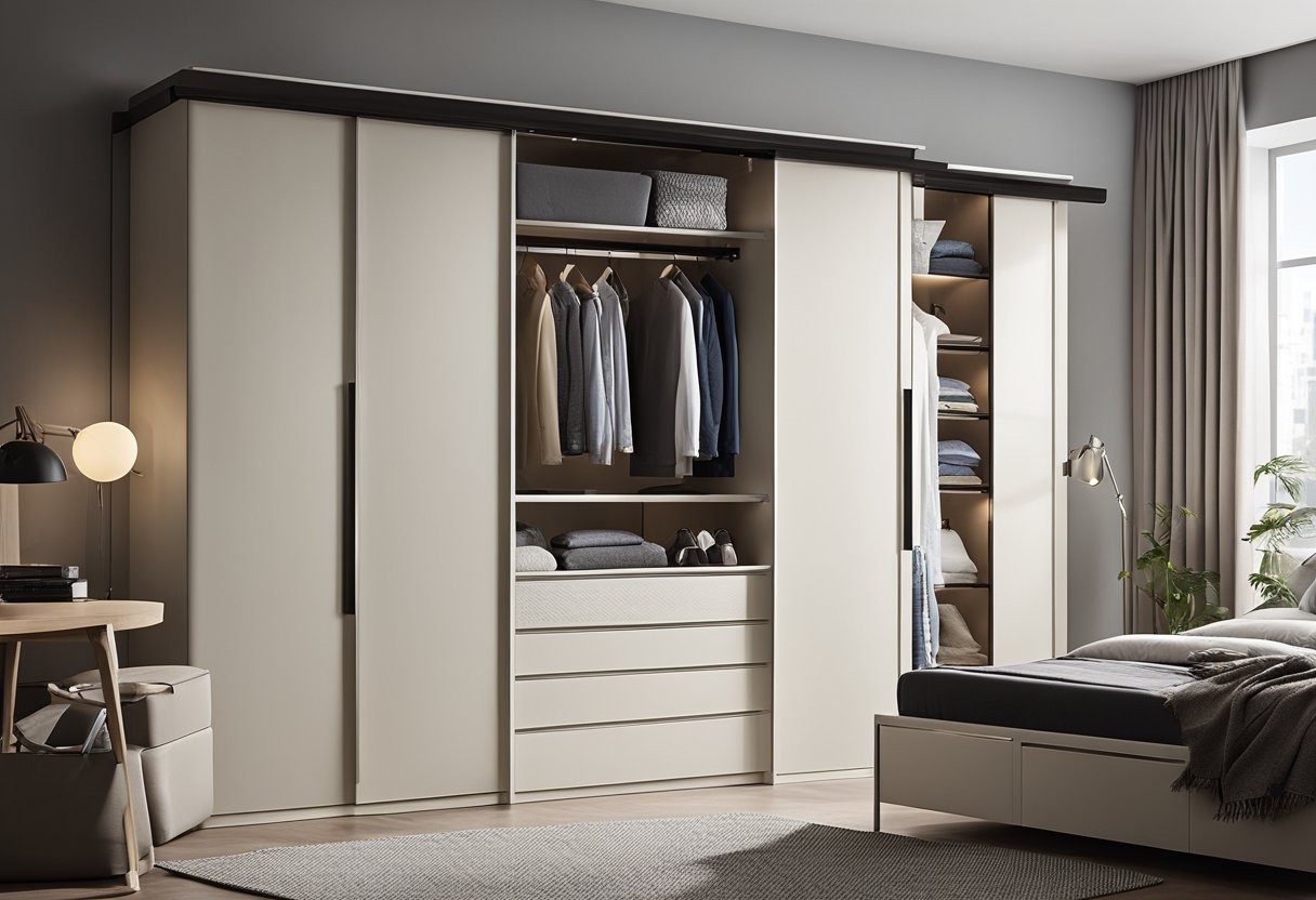 A bedroom with a sliding cupboard design, maximising storage space with shelves, drawers, and hanging rods. Clothes neatly organized with efficient use of space