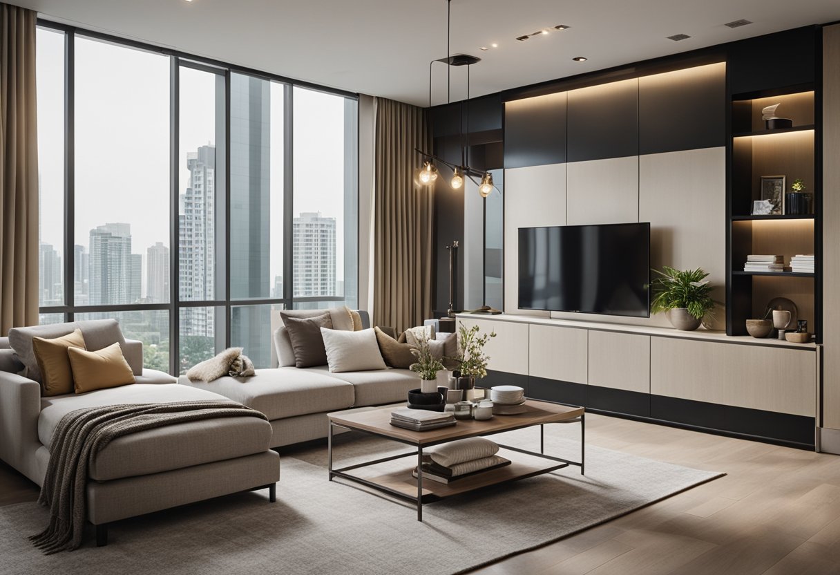A modern DMCI condo interior with sleek furniture, neutral color palette, and large windows letting in natural light