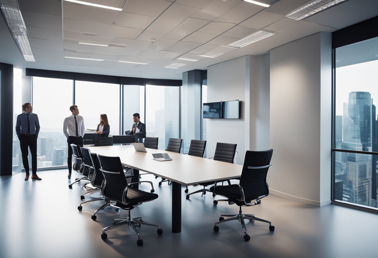 A sleek, modern office space with a large conference table, charts and graphs on the walls, and a team collaborating on a business strategy and market analysis