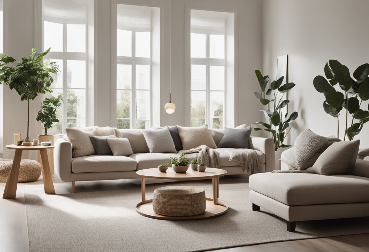 A spacious, minimalist living room with natural light, clean lines, and a neutral color palette. Simple, functional furniture and cozy textiles create a warm, inviting atmosphere