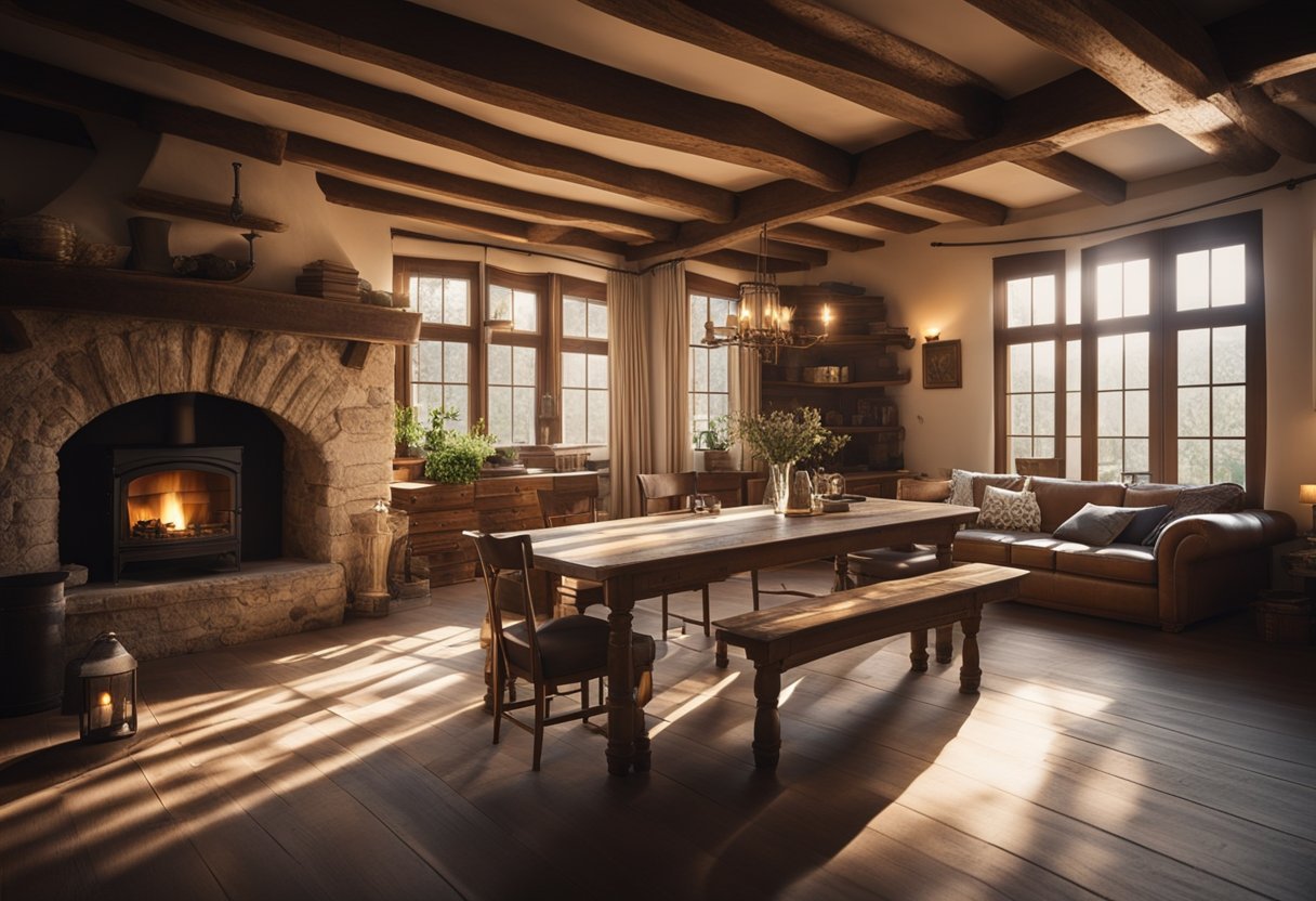 A cozy rustic interior with exposed wooden beams, stone fireplace, and vintage furniture. Sunlight filters through lace curtains, casting warm shadows