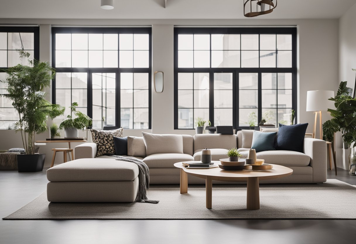 A bright, spacious room with modern furniture and large windows. A neutral color palette with pops of vibrant accents. Clean lines and uncluttered surfaces create a sense of calm and harmony