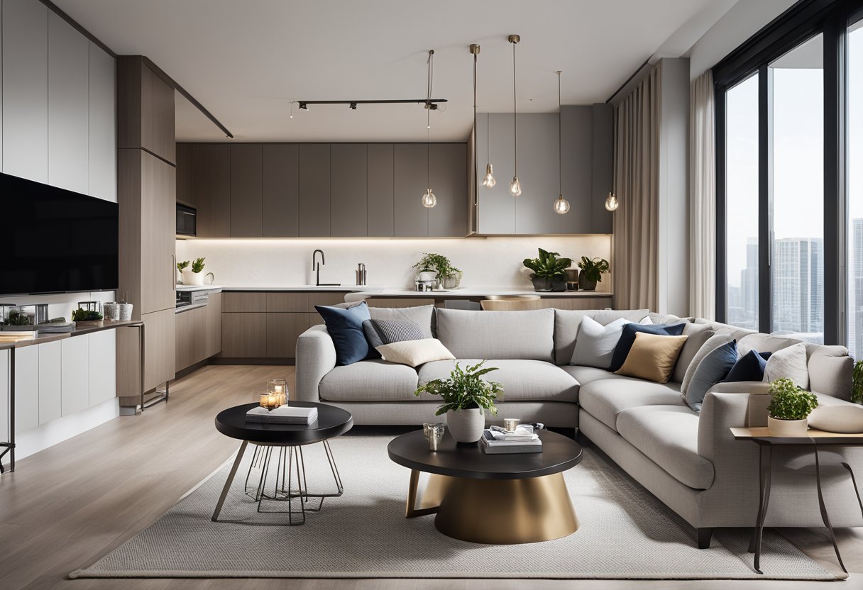 A modern condo with sleek furniture, neutral color palette, and smart storage solutions. The space is well-lit with natural light and features contemporary fixtures and appliances