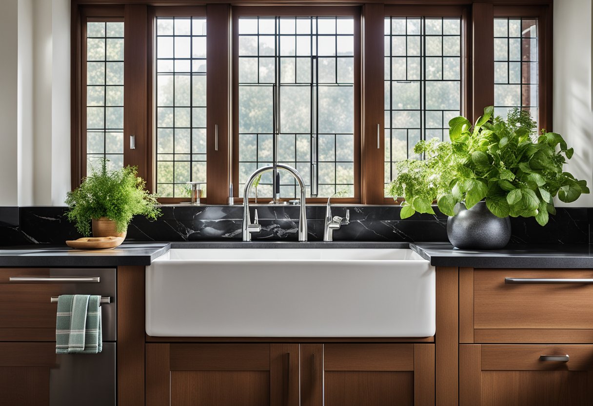 A sleek, modern Italian kitchen with marble countertops, stainless steel appliances, and a large farmhouse sink. The cabinets are a rich, dark wood, and there are pops of color in the form of vibrant ceramic dishes and fresh herbs on the windowsill