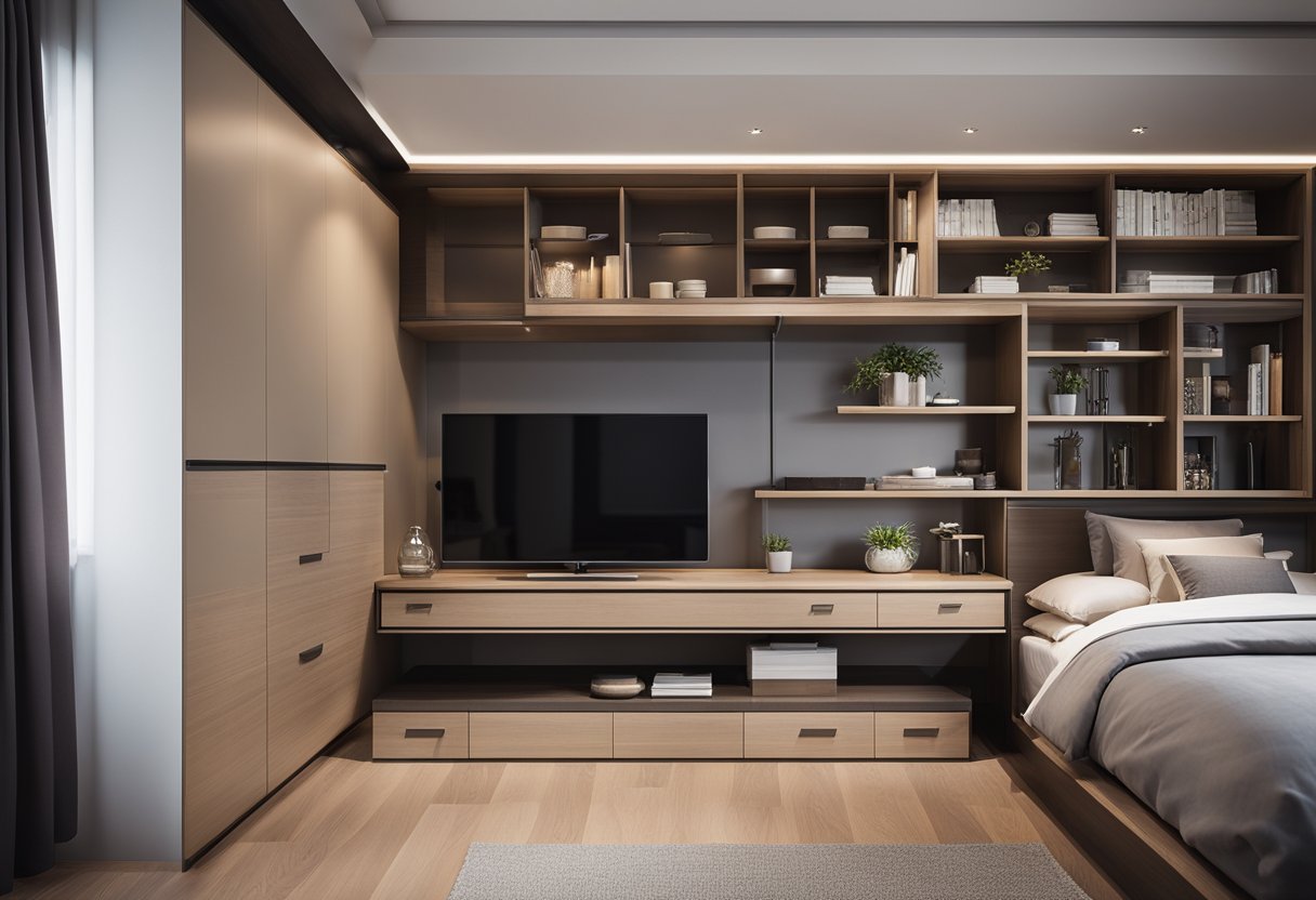 A modern bedroom with a sleek sliding cupboard design and neatly organized shelves and compartments