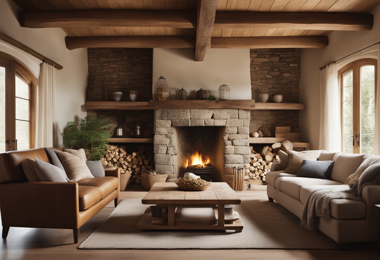 A cozy living room with exposed wooden beams, stone fireplace, and earthy color palette. Vintage furniture and handmade textiles add warmth and character to the space