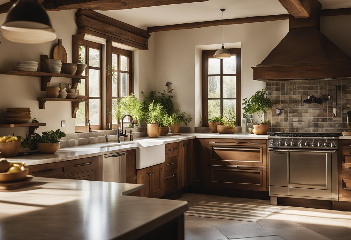 A spacious Italian kitchen with marble countertops, rustic wooden cabinets, and a large farmhouse sink. Sunlight streams in through a window, highlighting the earthy color palette and traditional design elements