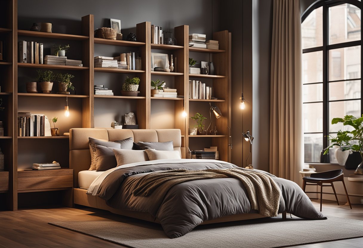 A cozy bedroom with a large, plush bed, soft lighting, and warm, earthy tones. A bookshelf lines one wall, and a large window lets in natural light