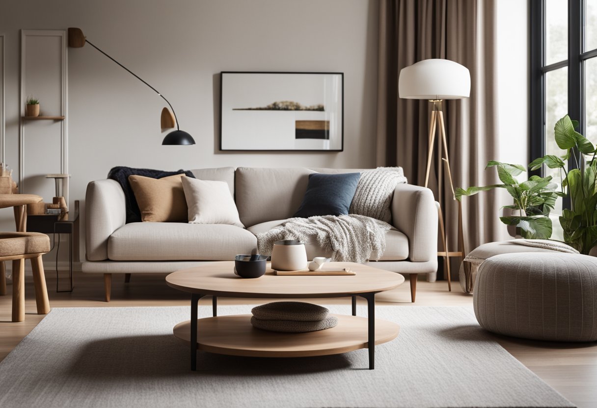 A cozy living room with clean lines, natural light, and minimalistic furniture. Wood and neutral tones create a warm, inviting atmosphere
