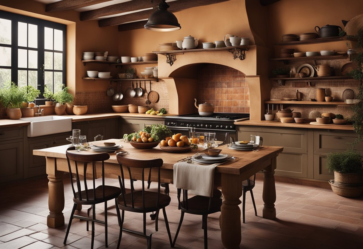 A rustic Italian kitchen with terracotta tiles, wrought iron accents, and a large wooden farmhouse table set with traditional dinnerware