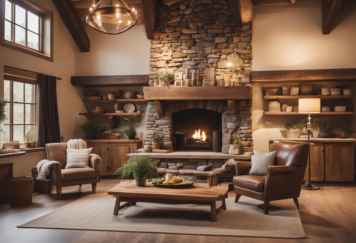 A cozy, rustic interior with wooden beams, stone fireplace, and vintage furniture. Warm earthy tones, textured fabrics, and natural materials create a welcoming atmosphere