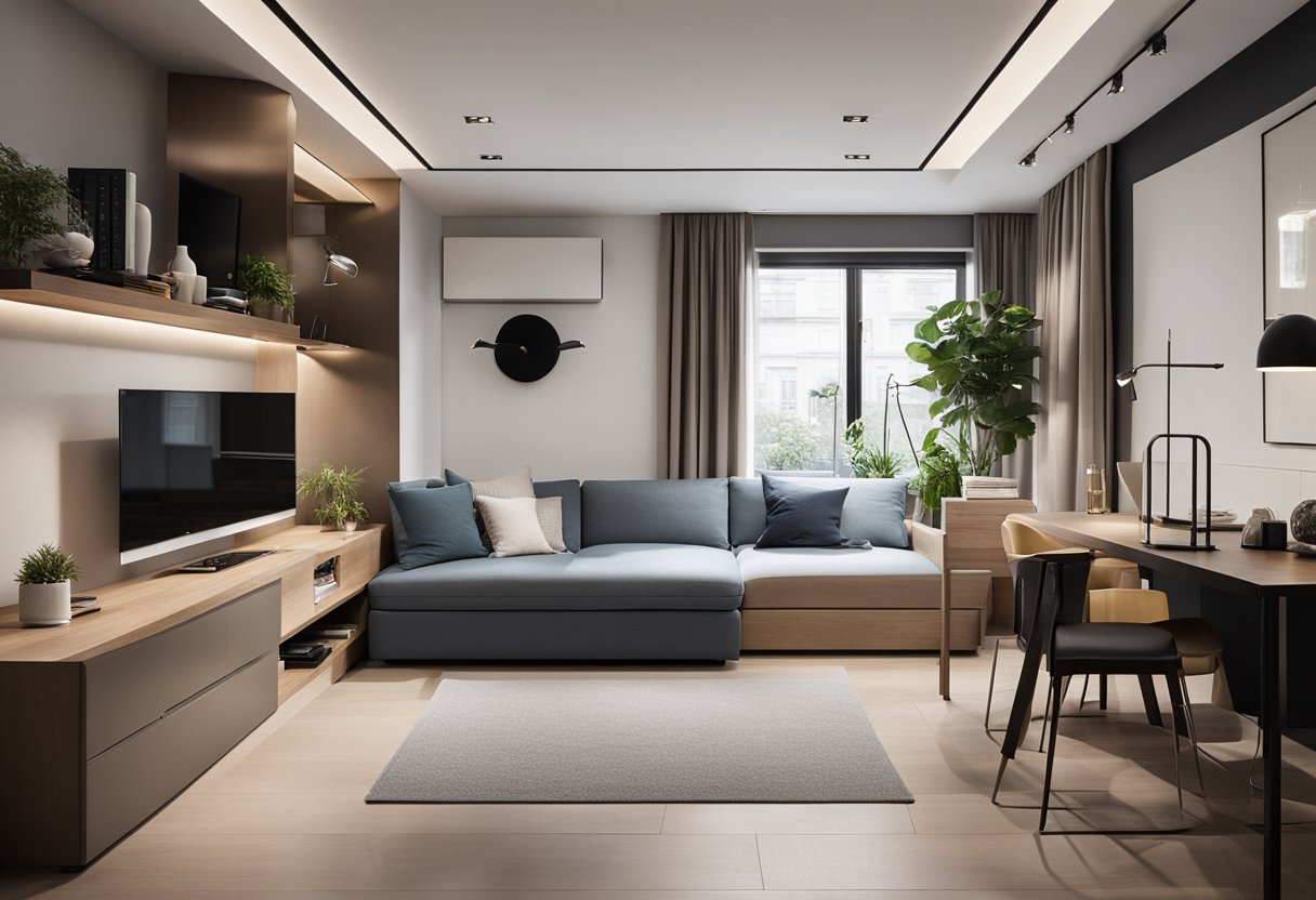 The 1 bedroom interior design maximizes space and functionality with a minimalist yet practical layout, featuring multi-functional furniture and clever storage solutions