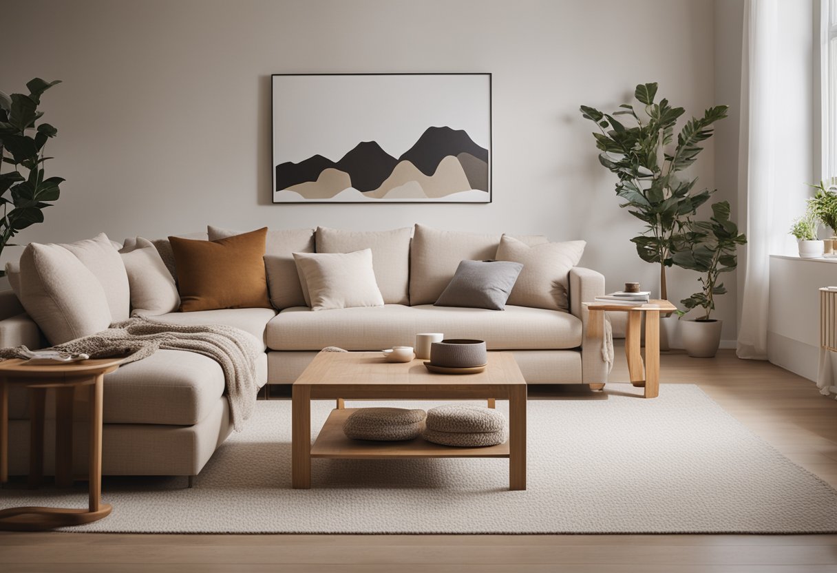 A cozy living room with light, neutral colors, natural materials, and minimalistic furniture arranged in a functional and aesthetically pleasing manner