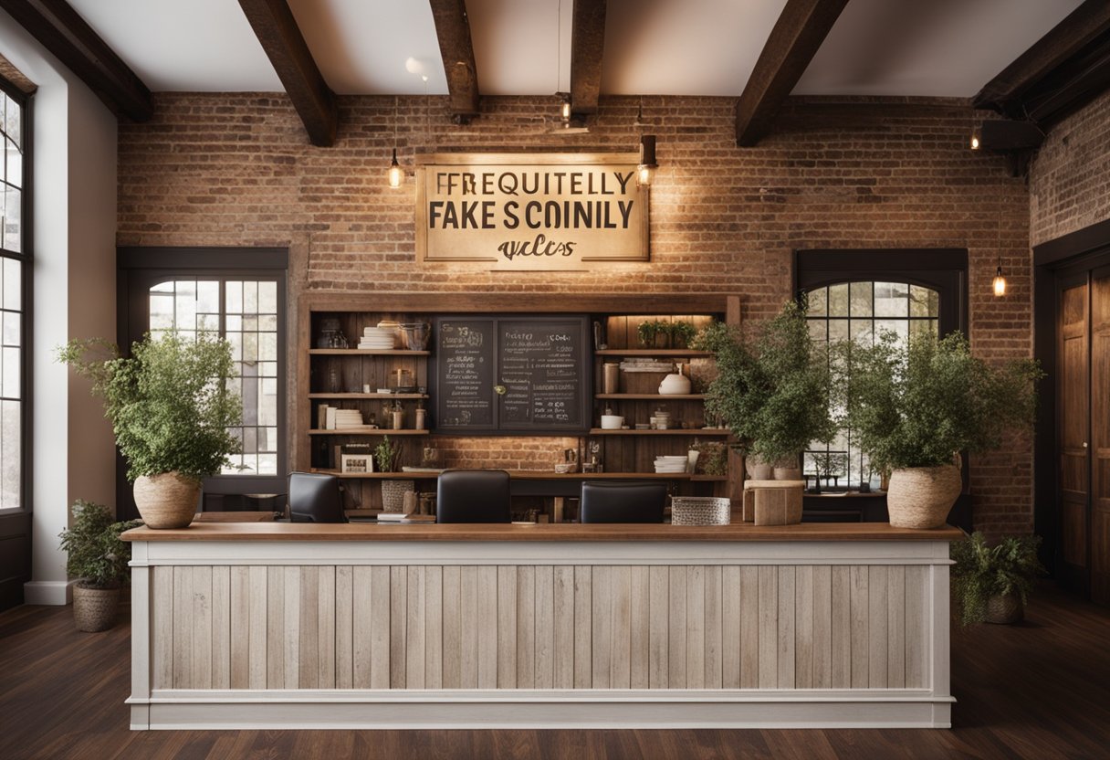 A cozy, rustic interior with wooden beams, exposed brick walls, and vintage decor. A large, welcoming sign reading "Frequently Asked Questions" hangs above a wooden reception desk