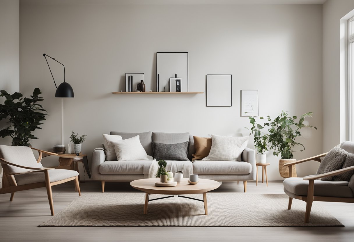A cozy Scandinavian living room with minimalistic furniture, neutral color palette, natural light, and clean lines