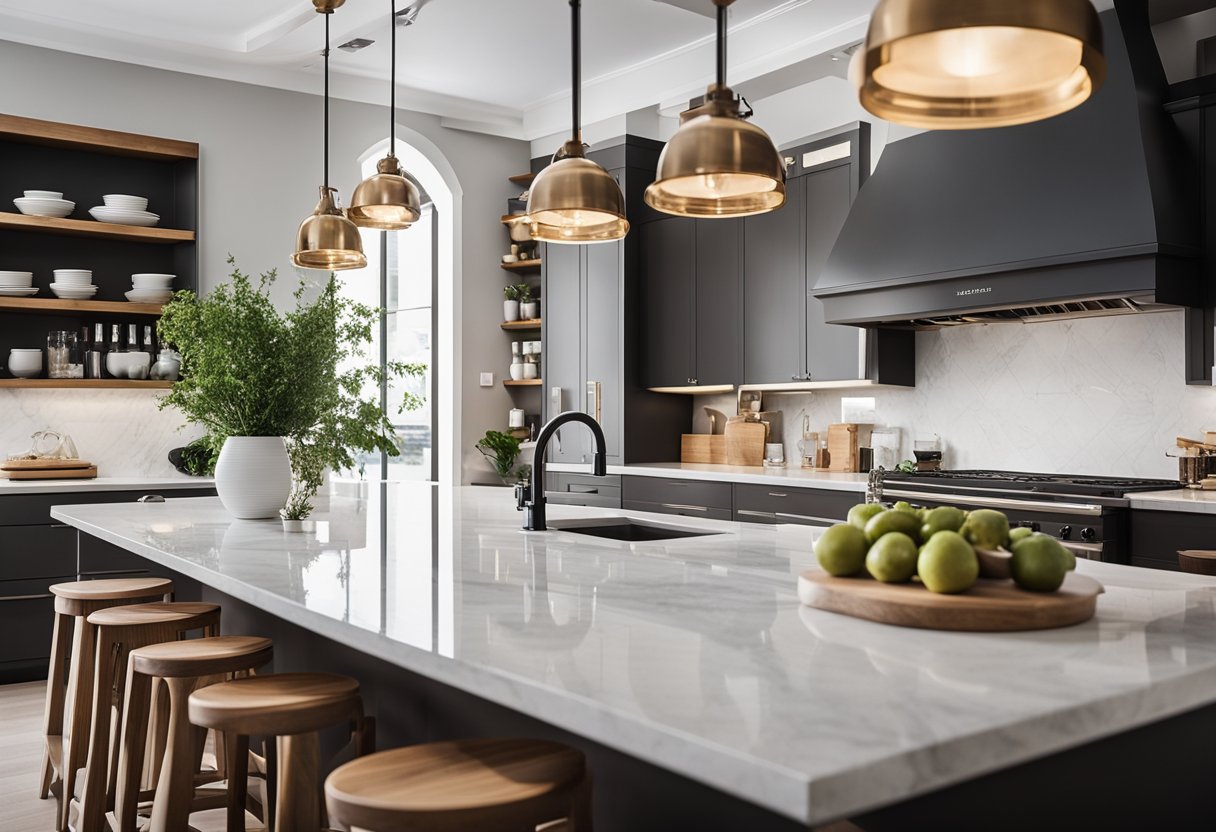 An Italian kitchen with sleek, modern design. Clean lines, marble countertops, and warm wood accents. A large island with bar stools, and open shelving displaying beautiful dinnerware