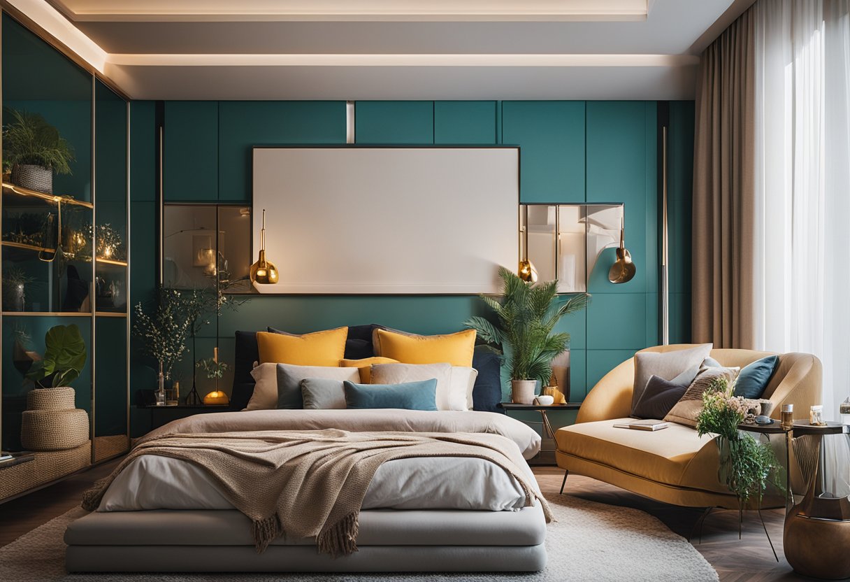 A cozy bedroom with vibrant colors, modern furniture, and unique decor pieces reflecting the owner's personality and style
