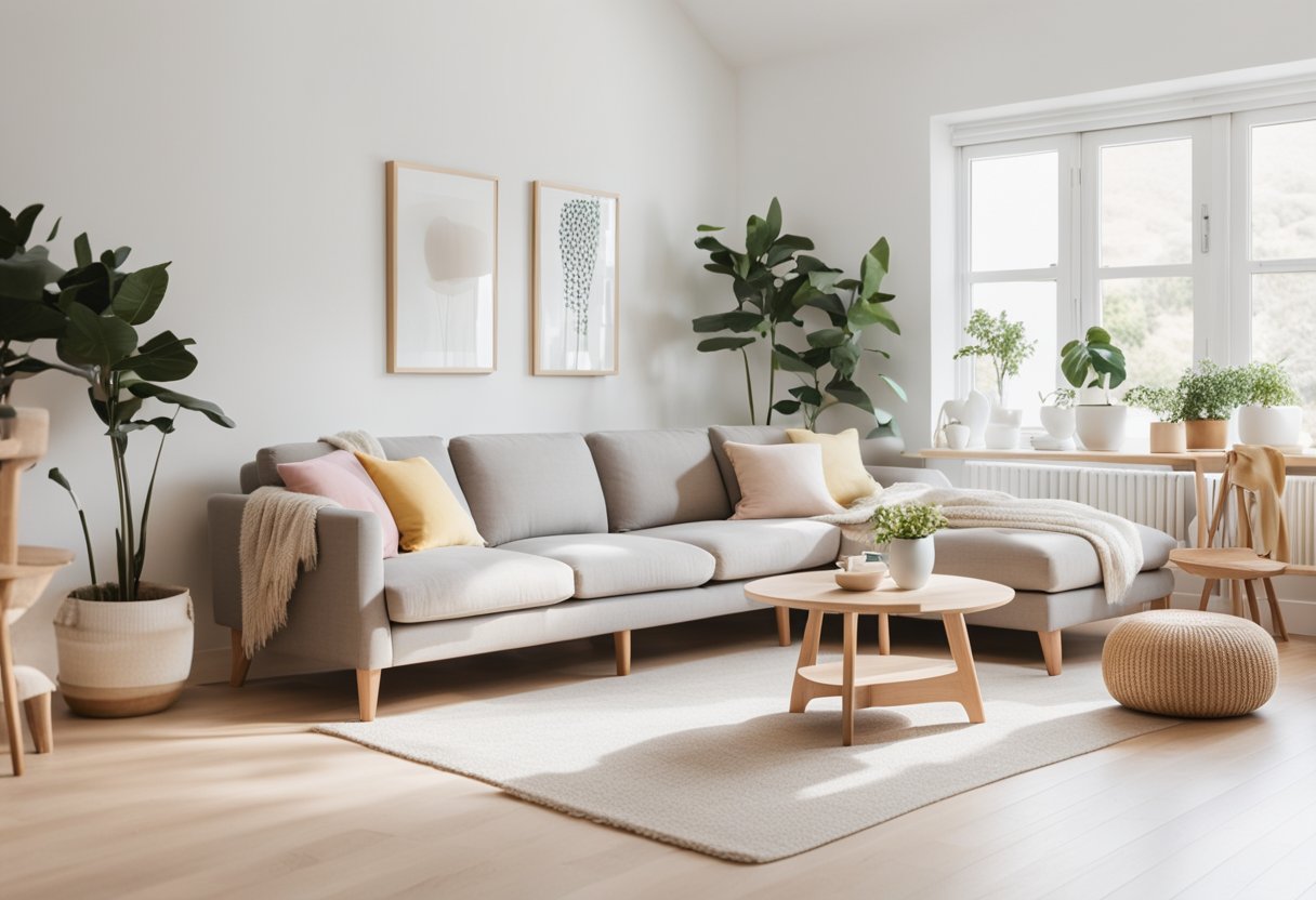 A bright, airy living room with clean lines, natural materials, and minimalist furniture. Light wood floors, white walls, and pops of pastel colors create a cozy, inviting atmosphere