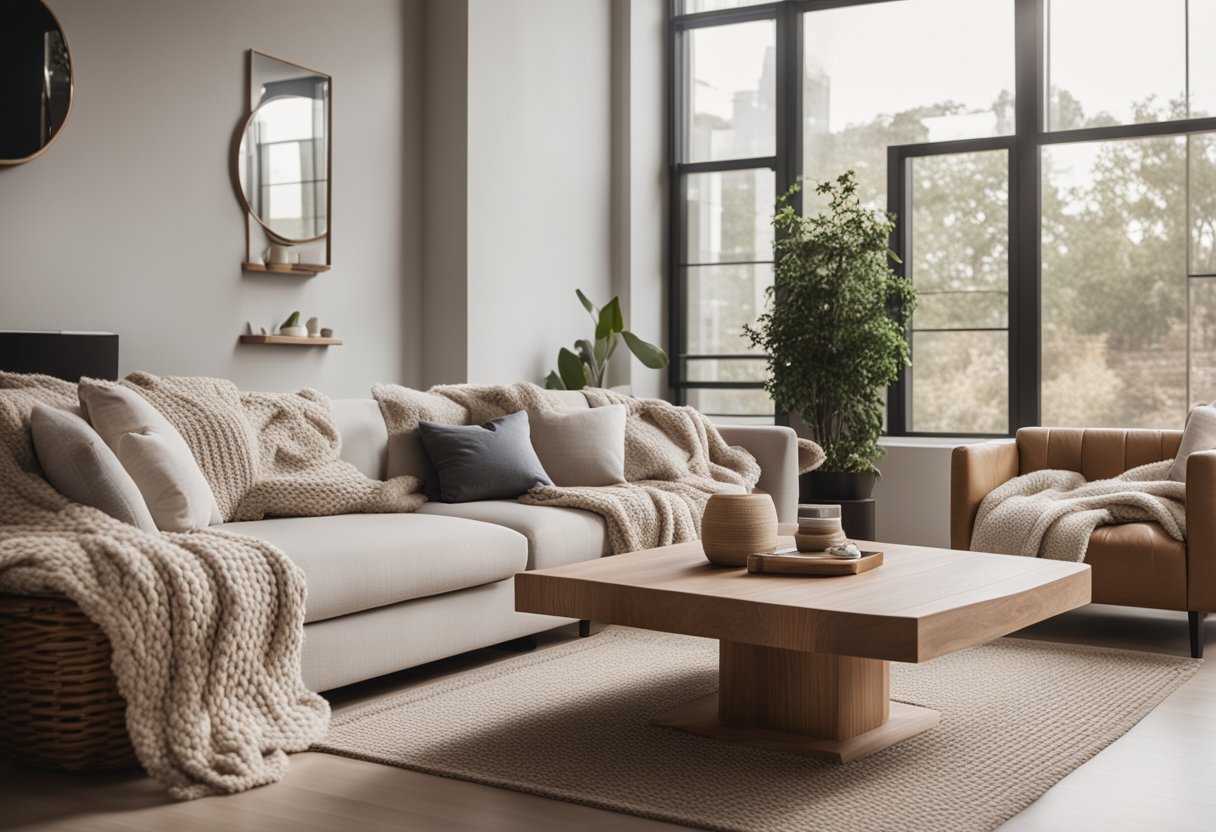 A cozy living room with minimalist furniture, neutral color palette, and natural light streaming in through large windows. Textured accents like a knitted throw and wooden decor add warmth to the space