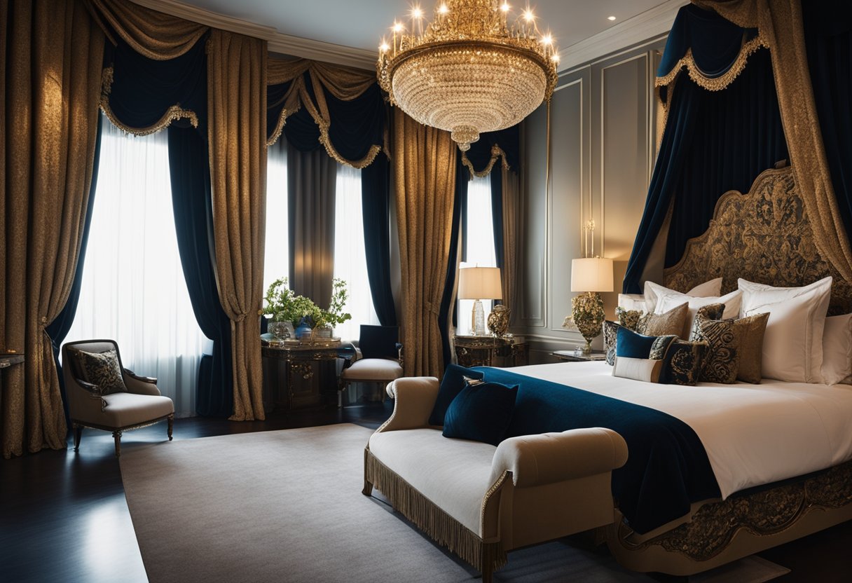 The luxurious bedroom features a grand canopy bed, ornate chandeliers, and opulent velvet drapes. Rich, deep colors and intricate details create a lavish and elegant atmosphere